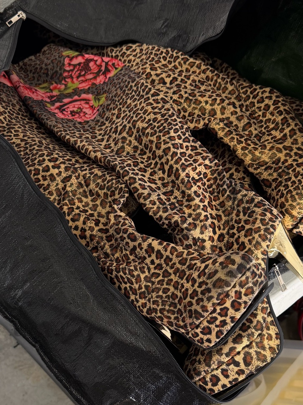 Cheetah Over-the-Knee Boots with Pink Floral Trim and Gold Heels - Picture 3 of 4